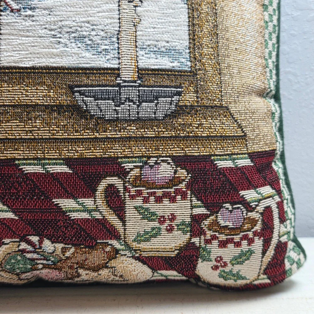 Vintage Cozy‎ Christmas Window Tapestry Throw Pillow Snowman Wreath Candle Scene
